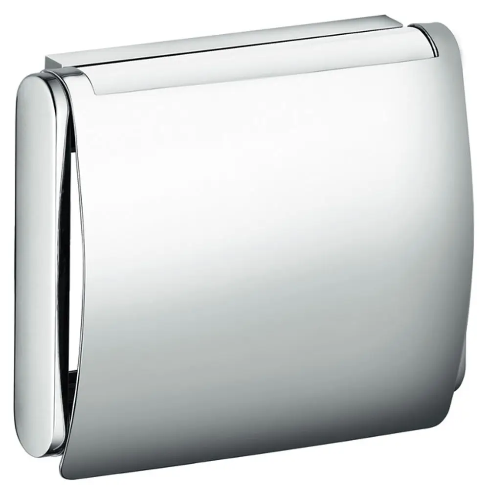 Keuco Toilettenpapierhalter mit Deckel in verchromter Ausführung, flache Oberfläche und schlichte Form, montiert an einer Wand, in einem Badezimmer-Setting.